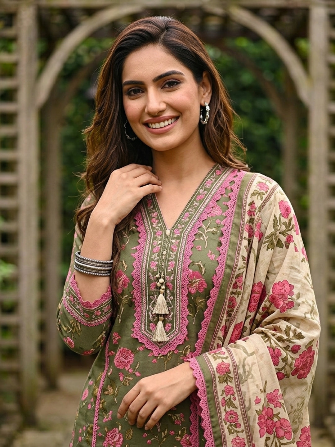 Green Ethnic Floral Printed Embroidered Straight Kurta with Palazzo & Dupatta