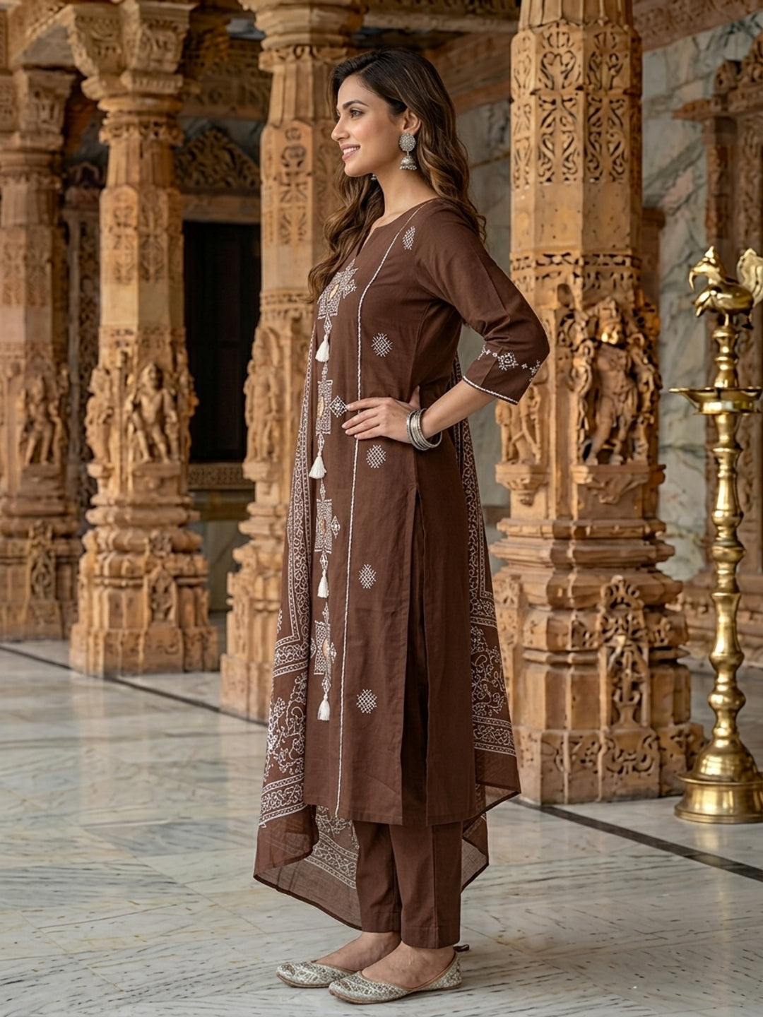 Coffee Brown Ethnic Mirror Embroidered A-Line Kurta with Palazzo & Dupatta