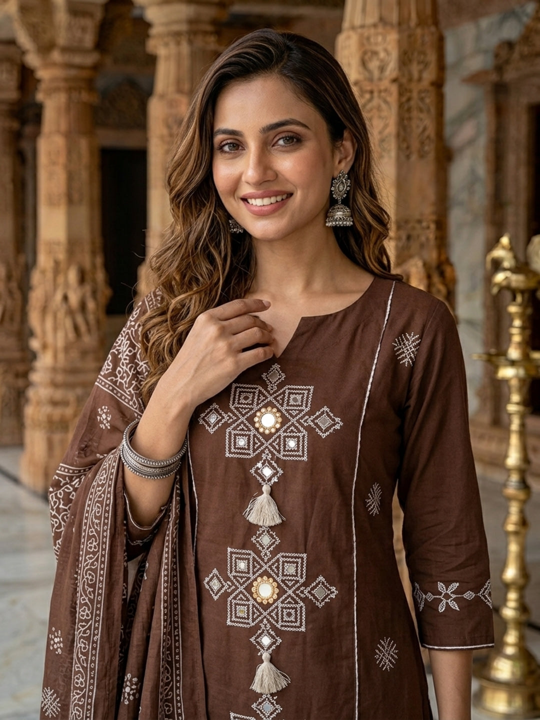 Coffee Brown Ethnic Mirror Embroidered A-Line Kurta with Palazzo & Dupatta