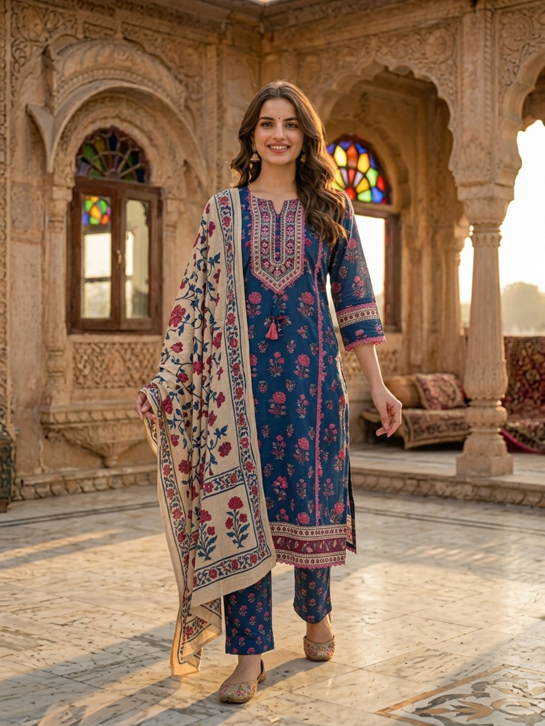 Blue Ethnic Floral Printed Embroidered Straight Kurta with Palazzo & Dupatta