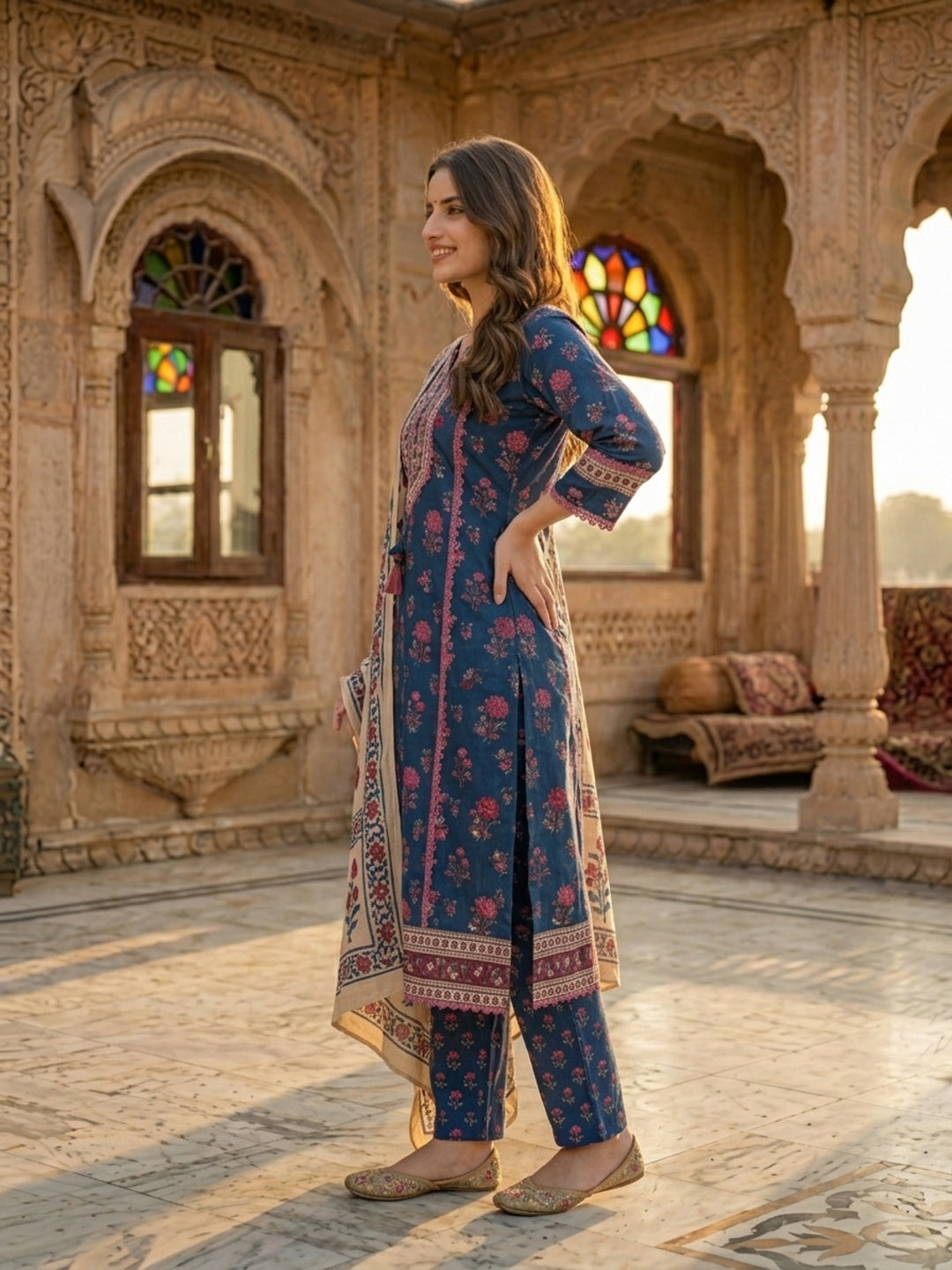 Blue Ethnic Floral Printed Embroidered Straight Kurta with Palazzo & Dupatta