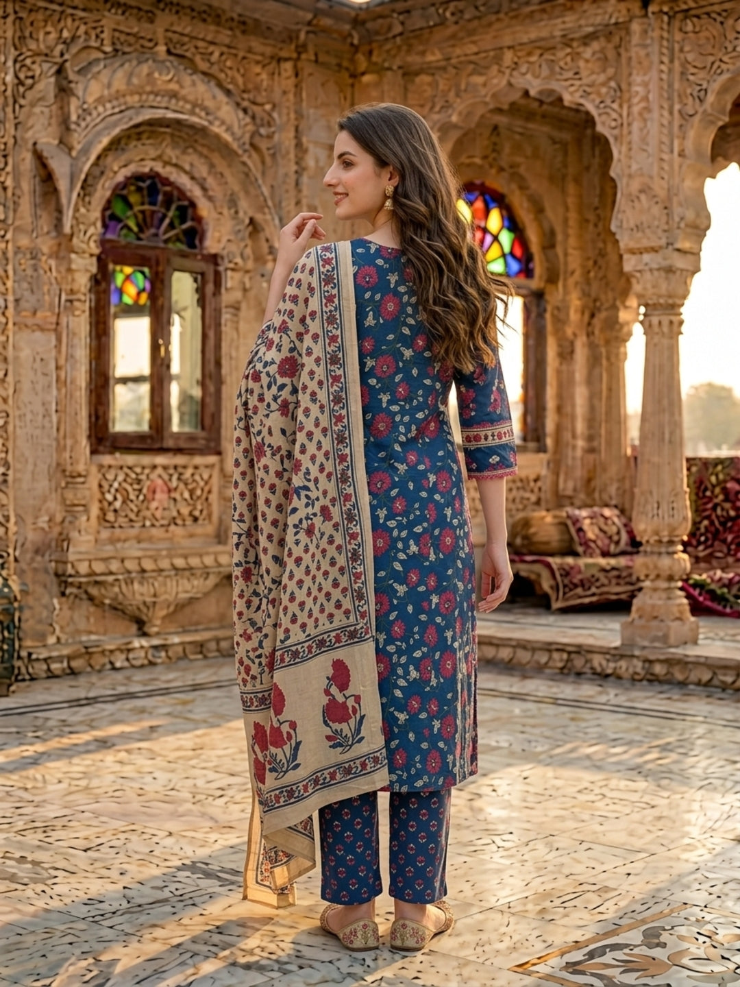 Blue Ethnic Floral Printed Embroidered Straight Kurta with Palazzo & Dupatta