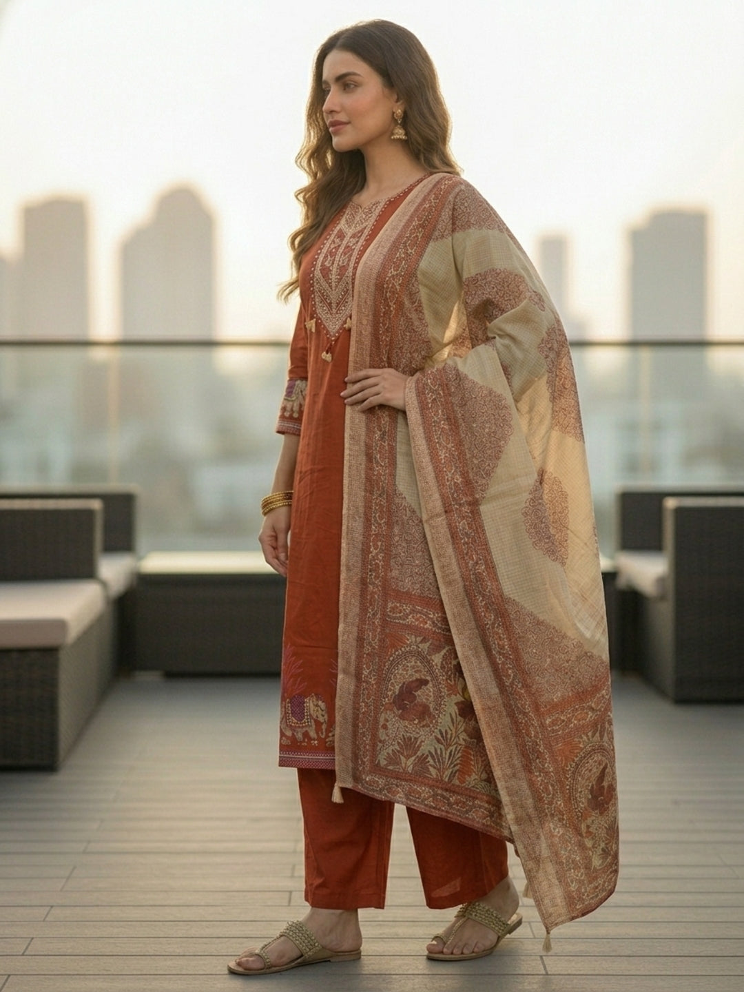 Rust Solid Mirror Embroidered A-Line Kurta with Palazzo & Dupatta