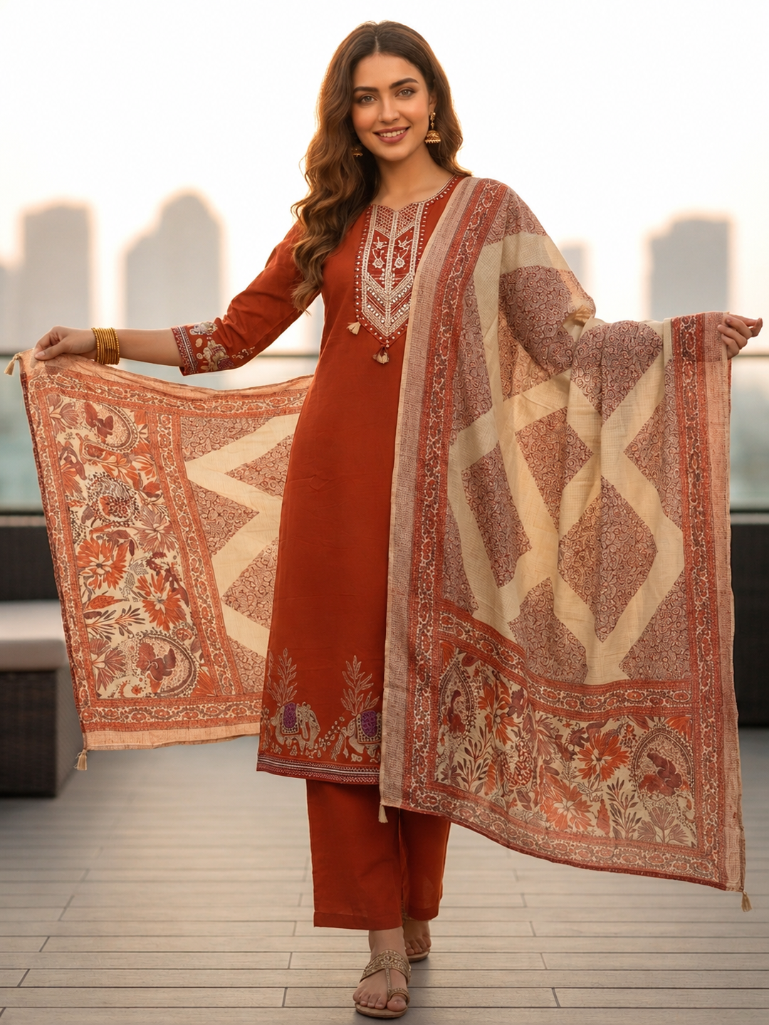 Rust Solid Mirror Embroidered A-Line Kurta with Palazzo & Dupatta