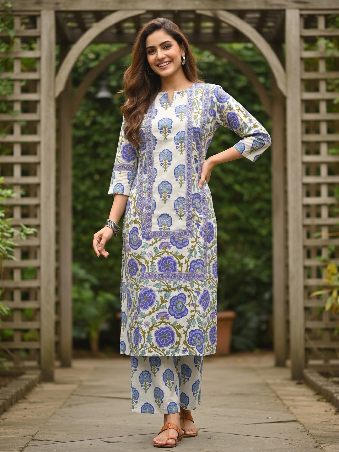 Purple Ethnic Floral Printed Straight Kurta with Palazzo