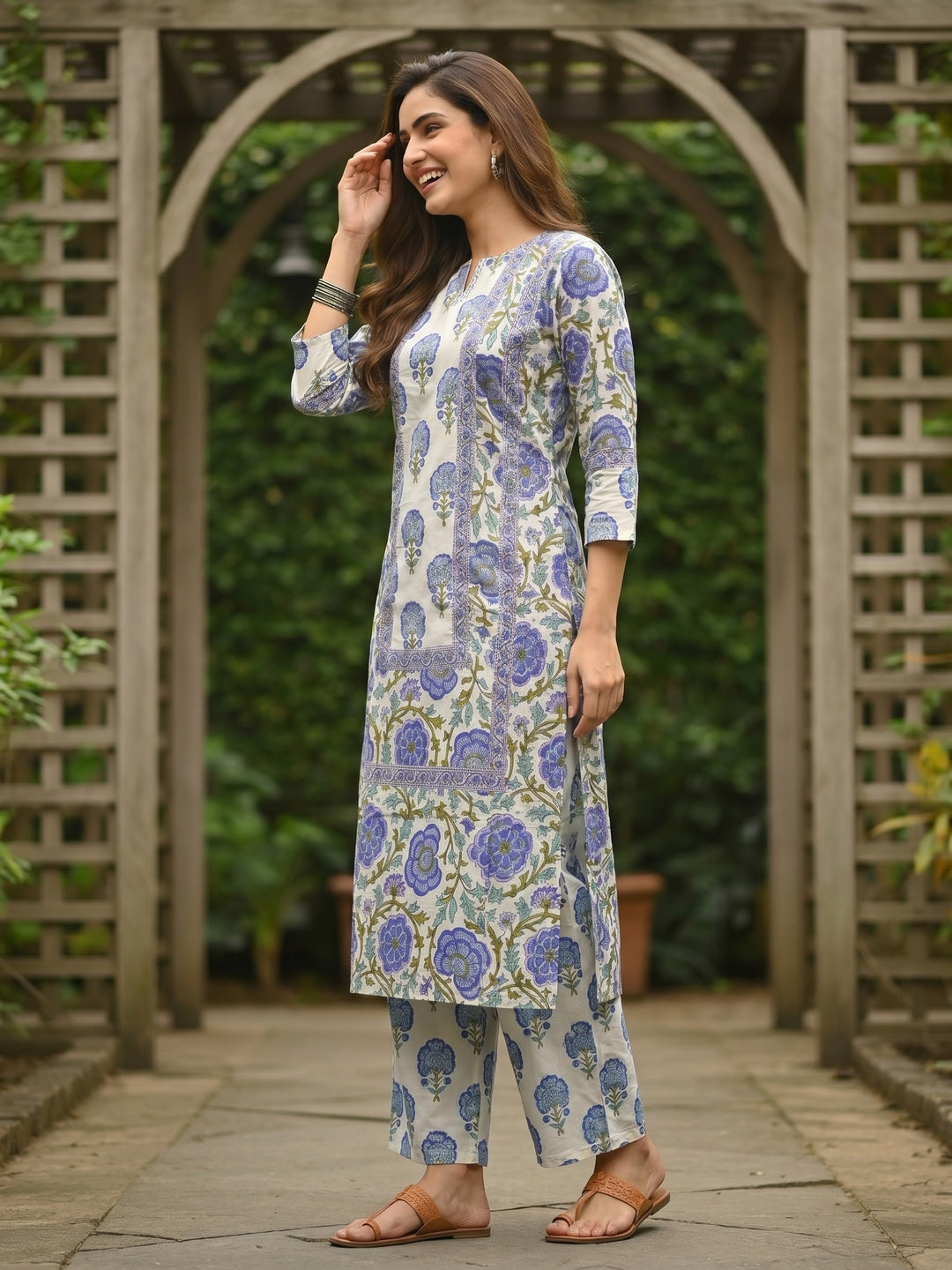 Purple Ethnic Floral Printed Straight Kurta with Palazzo