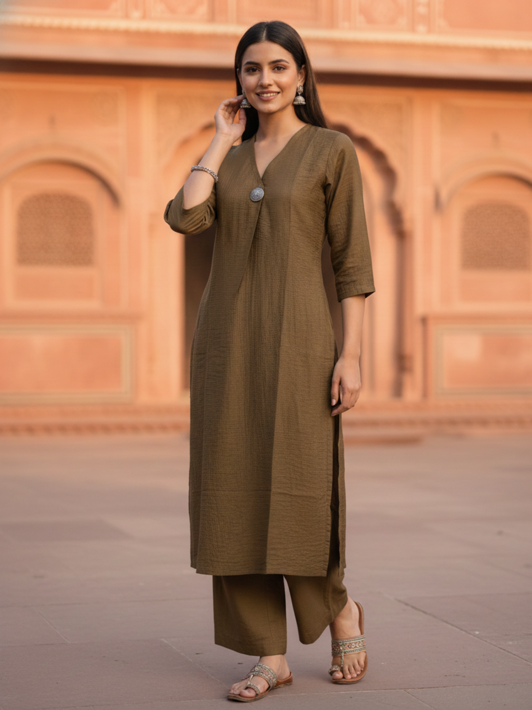 Brown Solid Textured A-Line Silk Blend Co-ord Set with Palazzo