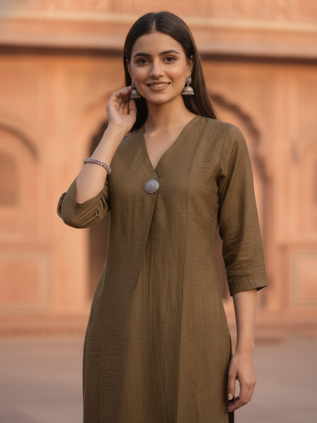 Brown Solid Textured A-Line Silk Blend Co-ord Set with Palazzo