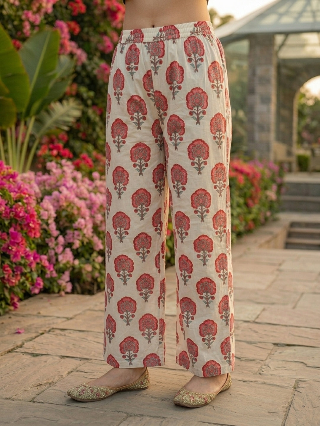 Red Ethnic Floral Printed Straight Kurta with Palazzo