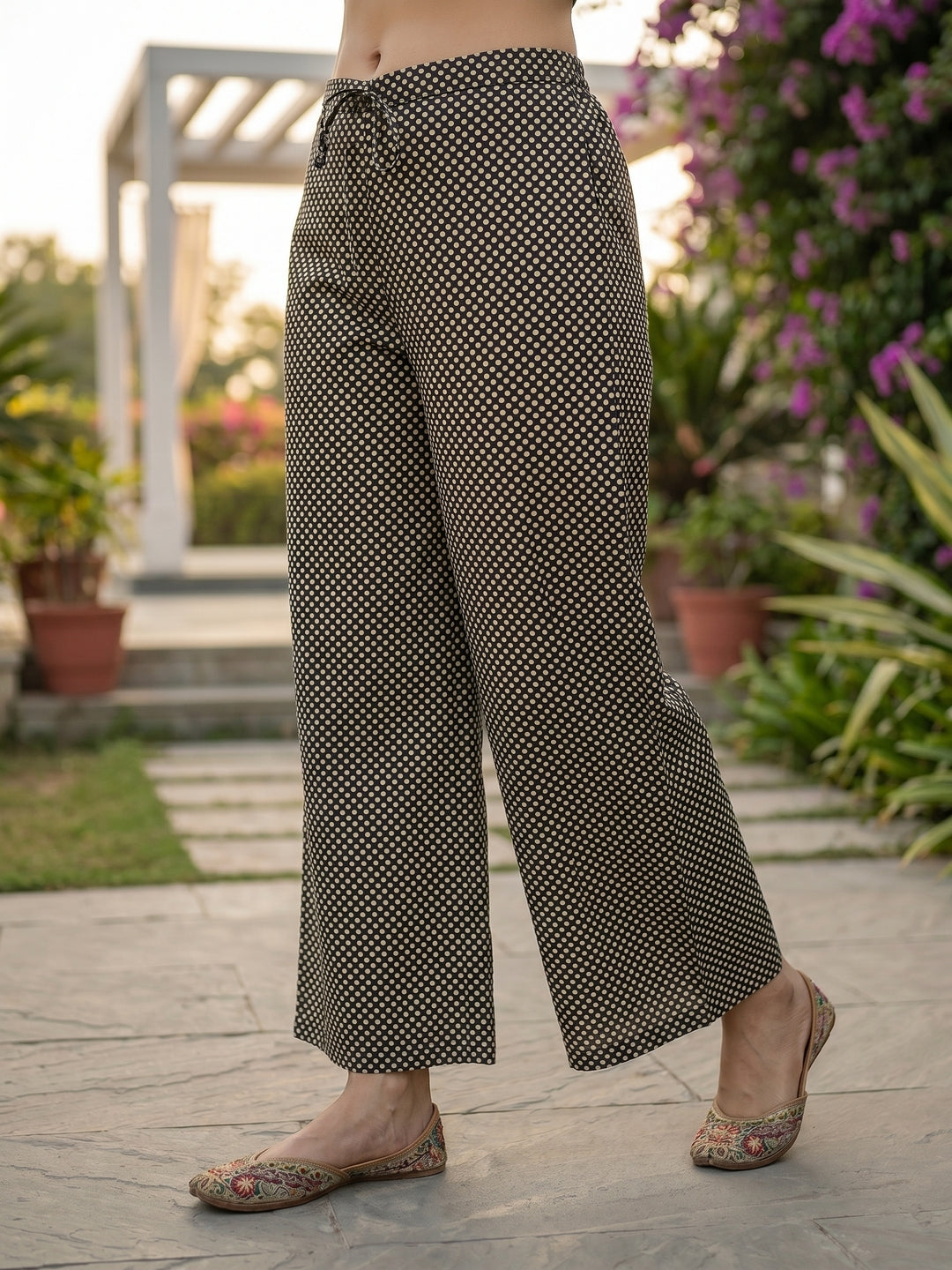 Floral & Geometric Printed A-Line Kurta with Palazzo and Dupatta - Navy Blue