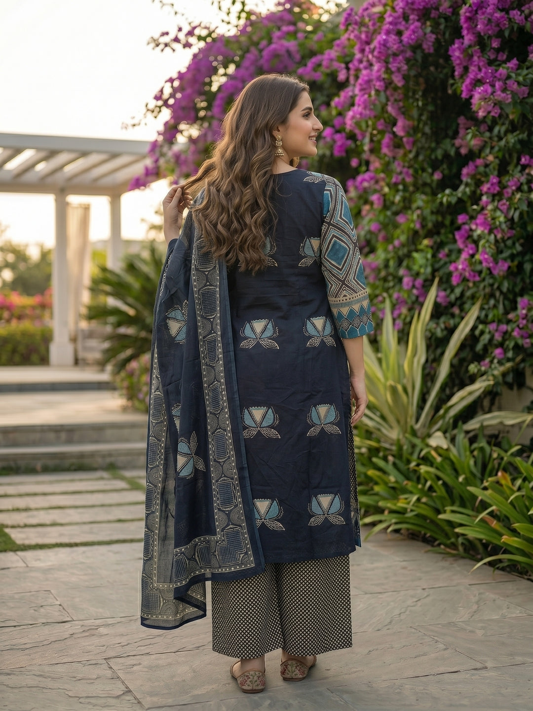 Floral & Geometric Printed A-Line Kurta with Palazzo and Dupatta - Navy Blue
