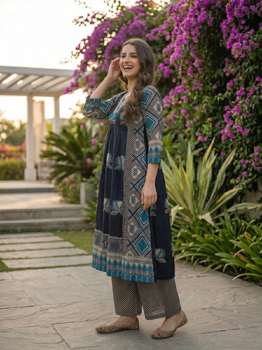 Floral & Geometric Printed A-Line Kurta with Palazzo and Dupatta - Navy Blue