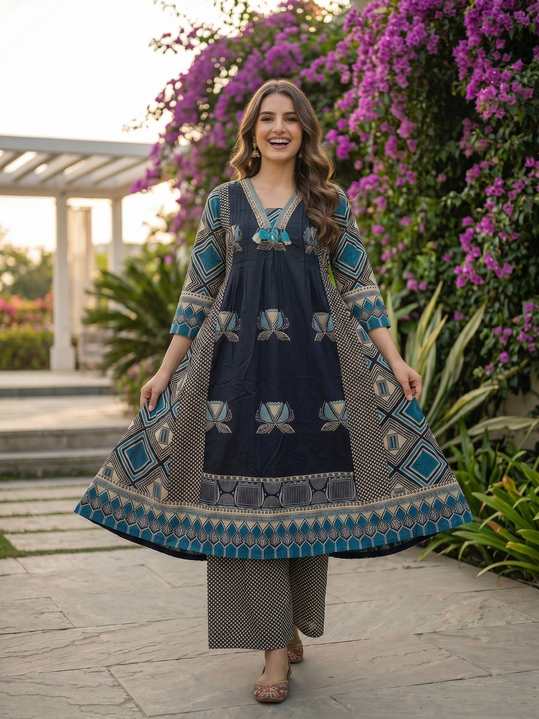Floral & Geometric Printed A-Line Kurta with Palazzo and Dupatta - Navy Blue