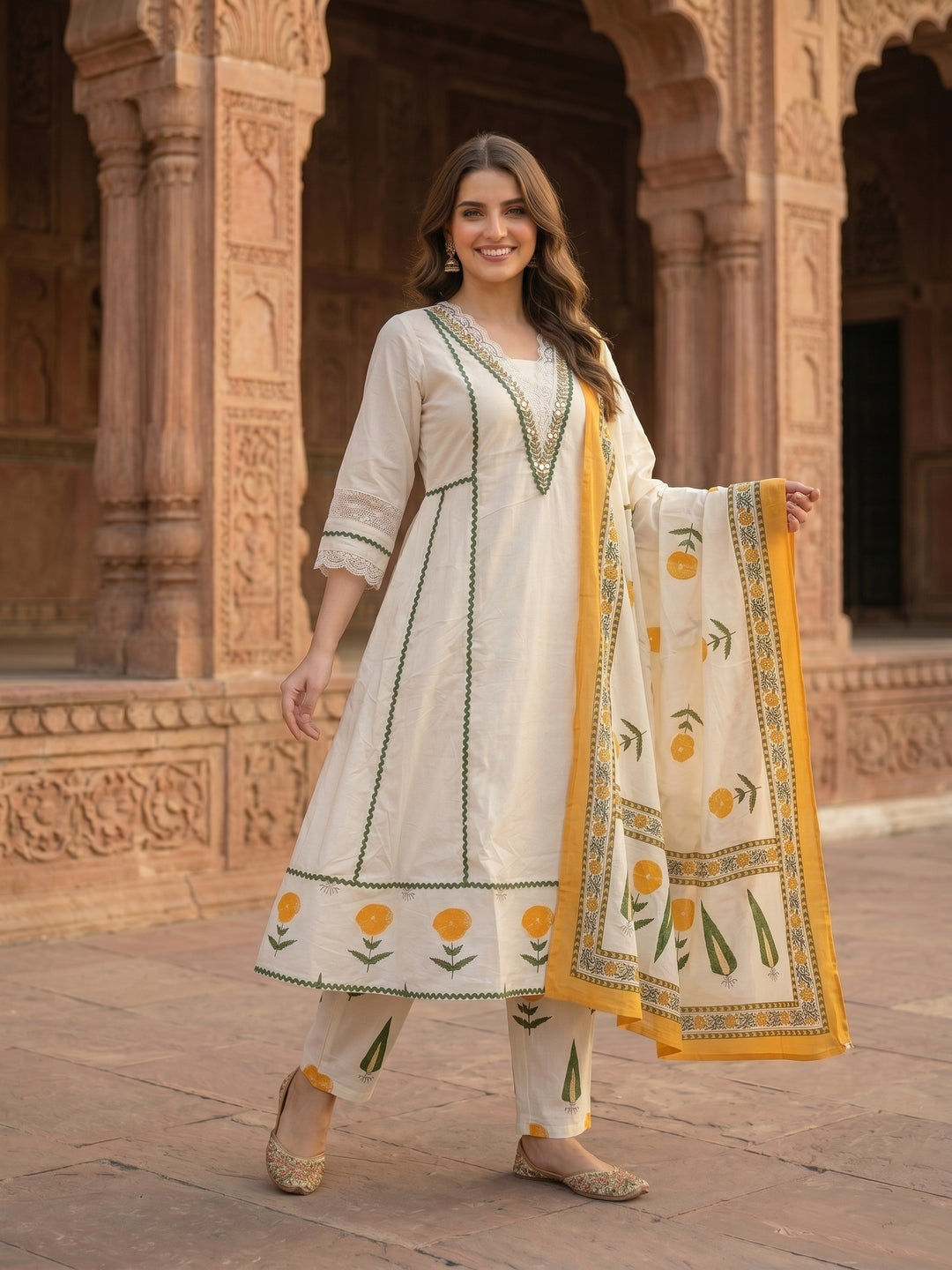 Off White Floral Printed Embroidered Anarkali with Flared Palazzo & Dupatta