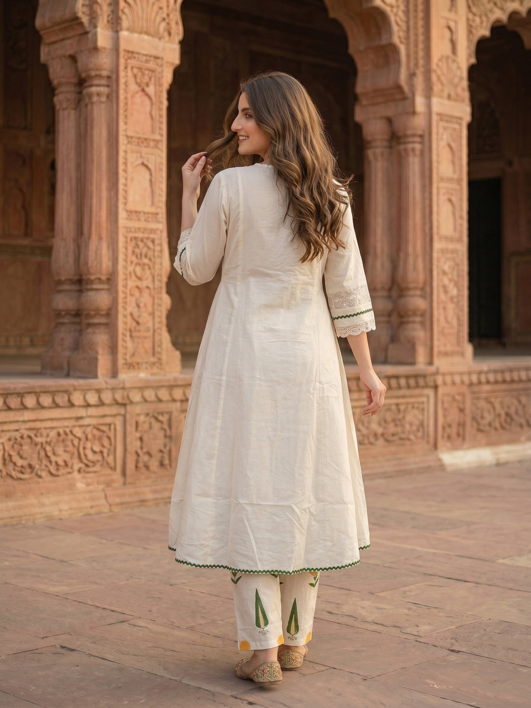 Off White Floral Printed Embroidered Anarkali with Flared Palazzo & Dupatta