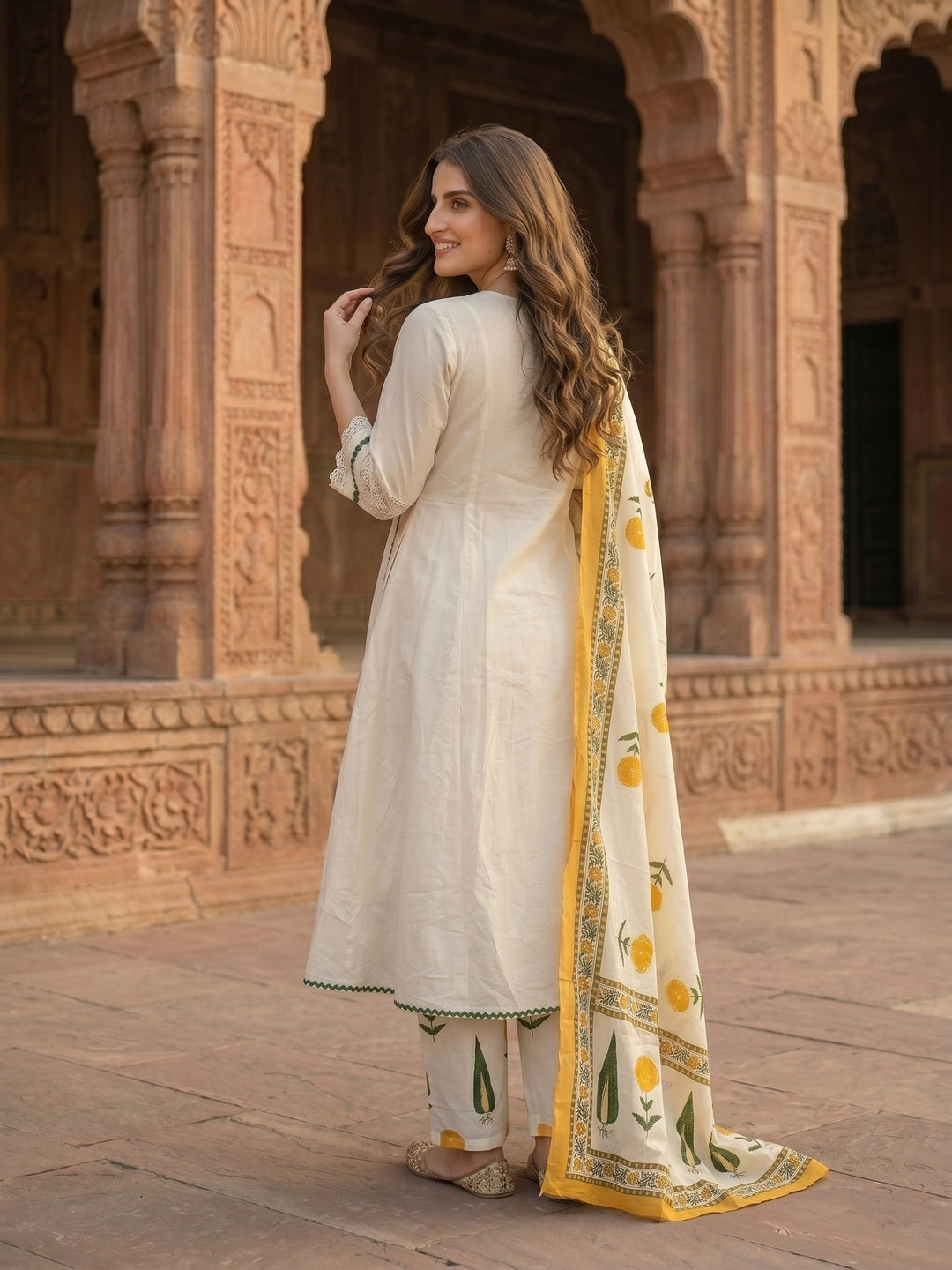 Off White Floral Printed Embroidered Anarkali with Flared Palazzo & Dupatta