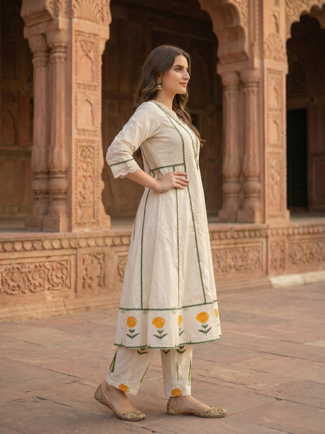Off White Floral Printed Embroidered Anarkali with Flared Palazzo & Dupatta