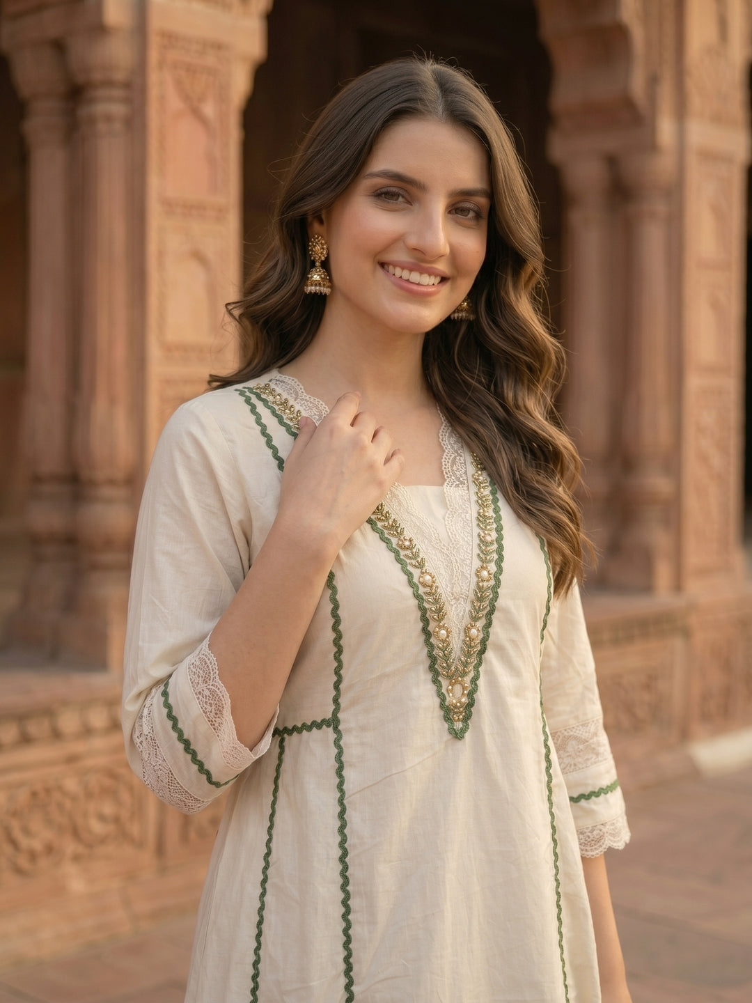 Off White Floral Printed Embroidered Anarkali with Flared Palazzo & Dupatta