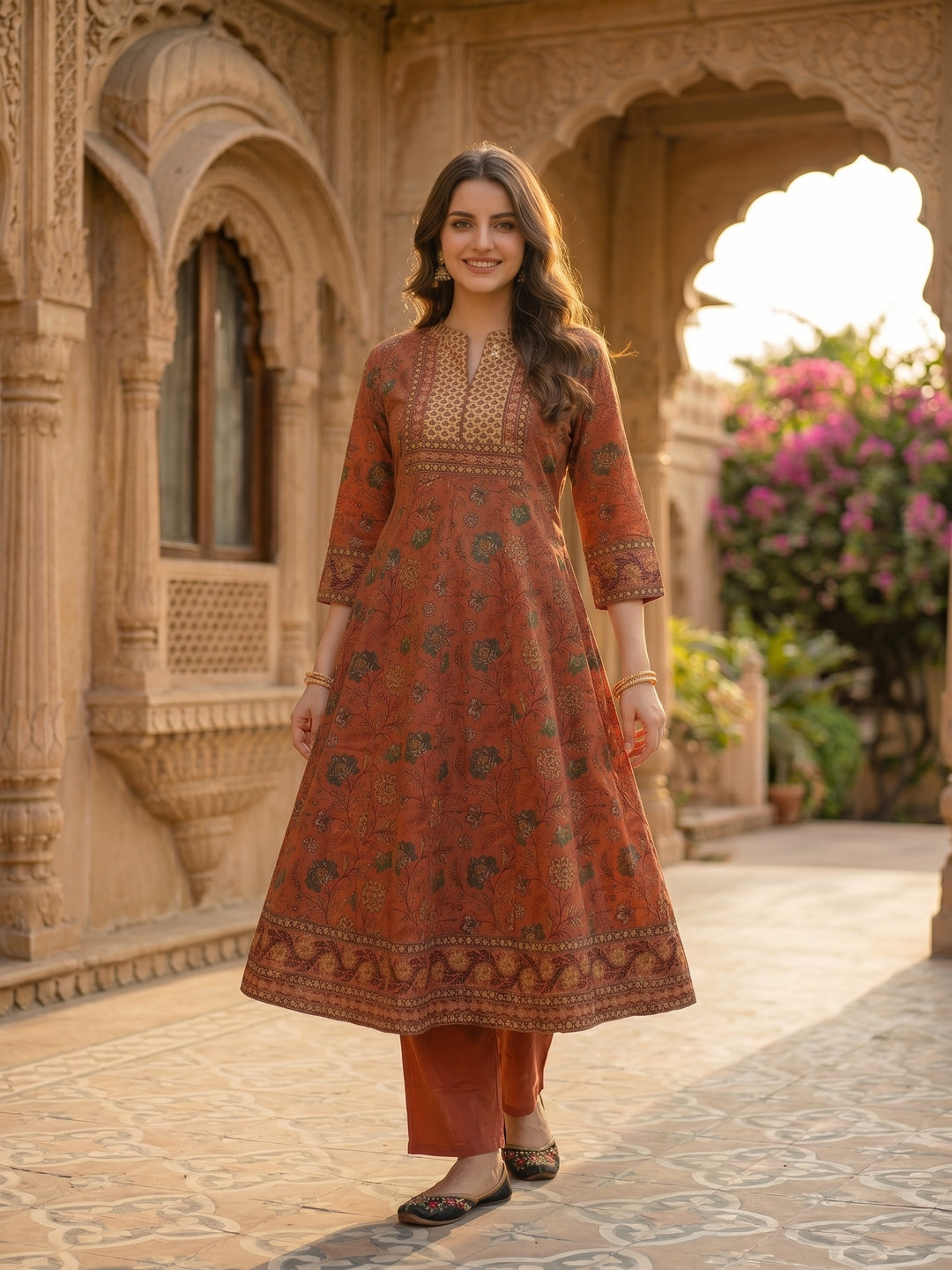 Rose Gold Floral Printed Embroidered Anarkali with Pant & Dupatta
