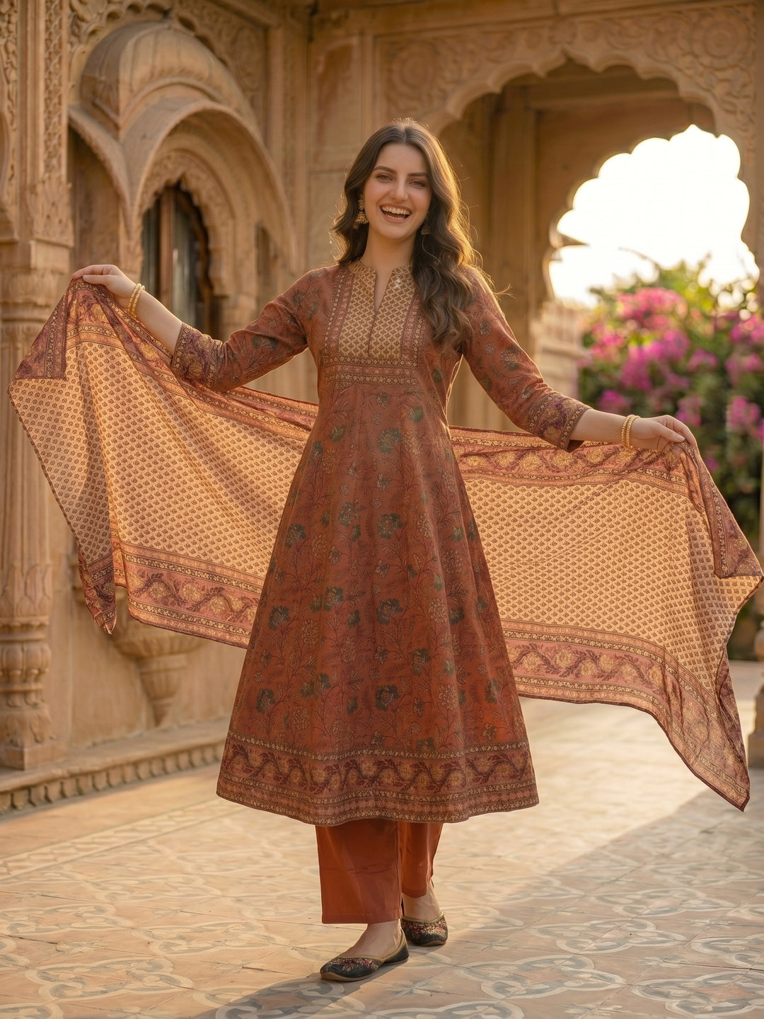 Rose Gold Floral Printed Embroidered Anarkali with Pant & Dupatta