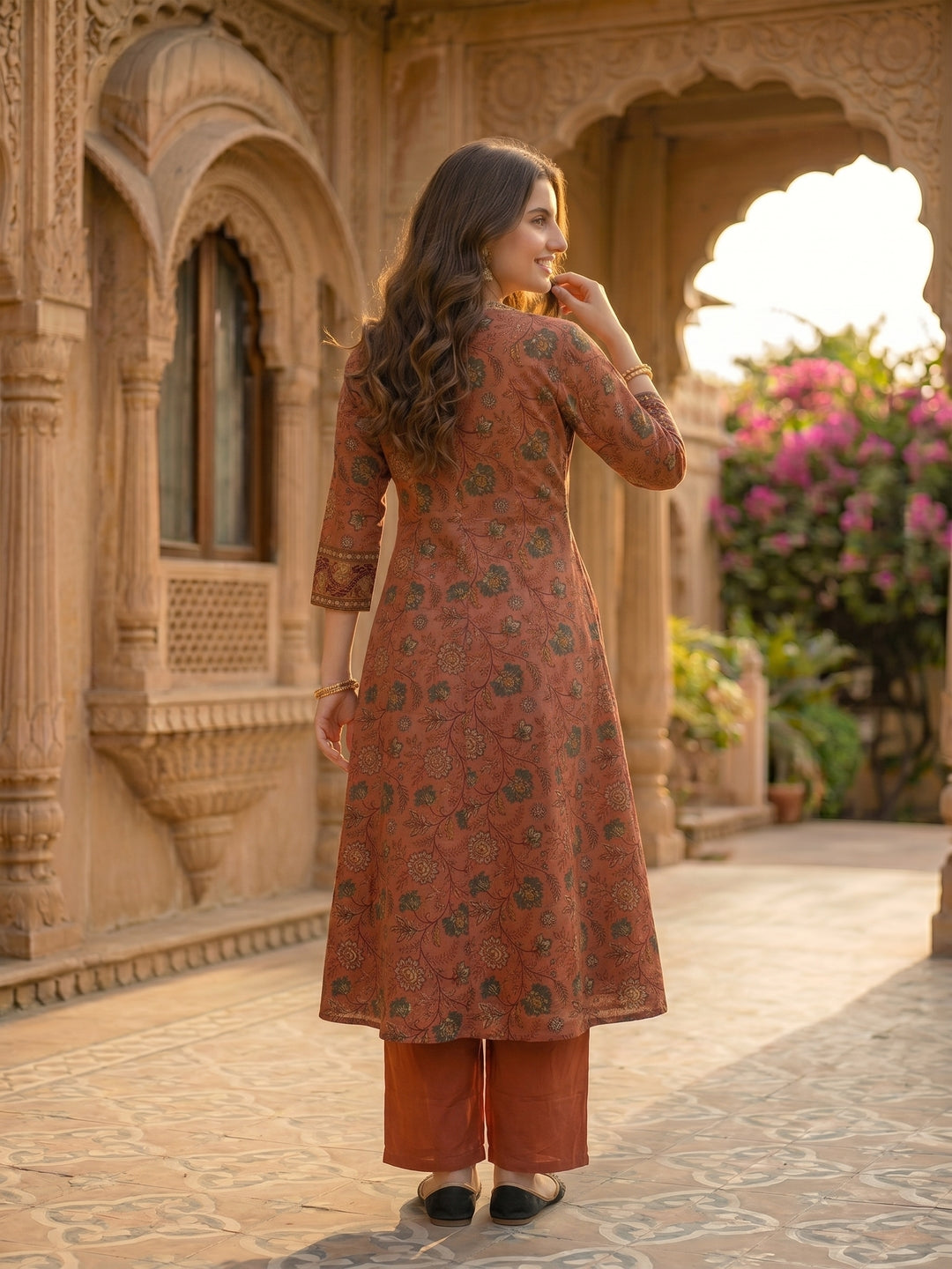 Rose Gold Floral Printed Embroidered Anarkali with Pant & Dupatta