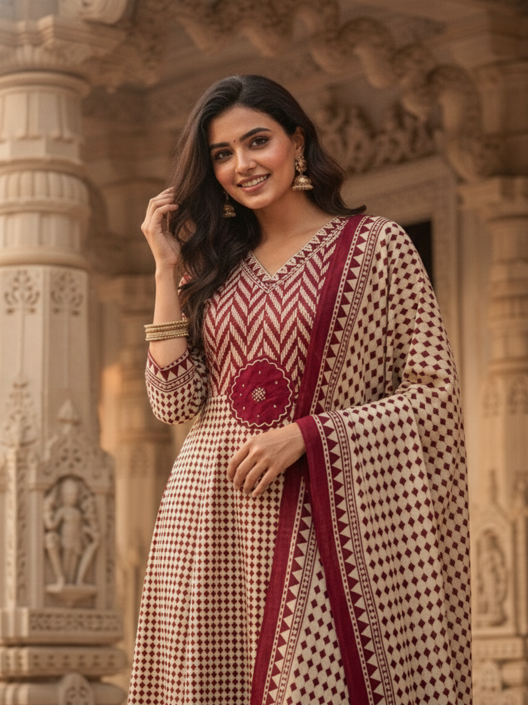 Ethnic Checks Printed Embroidered Anarkali with Pant and Dupatta - Burgundy