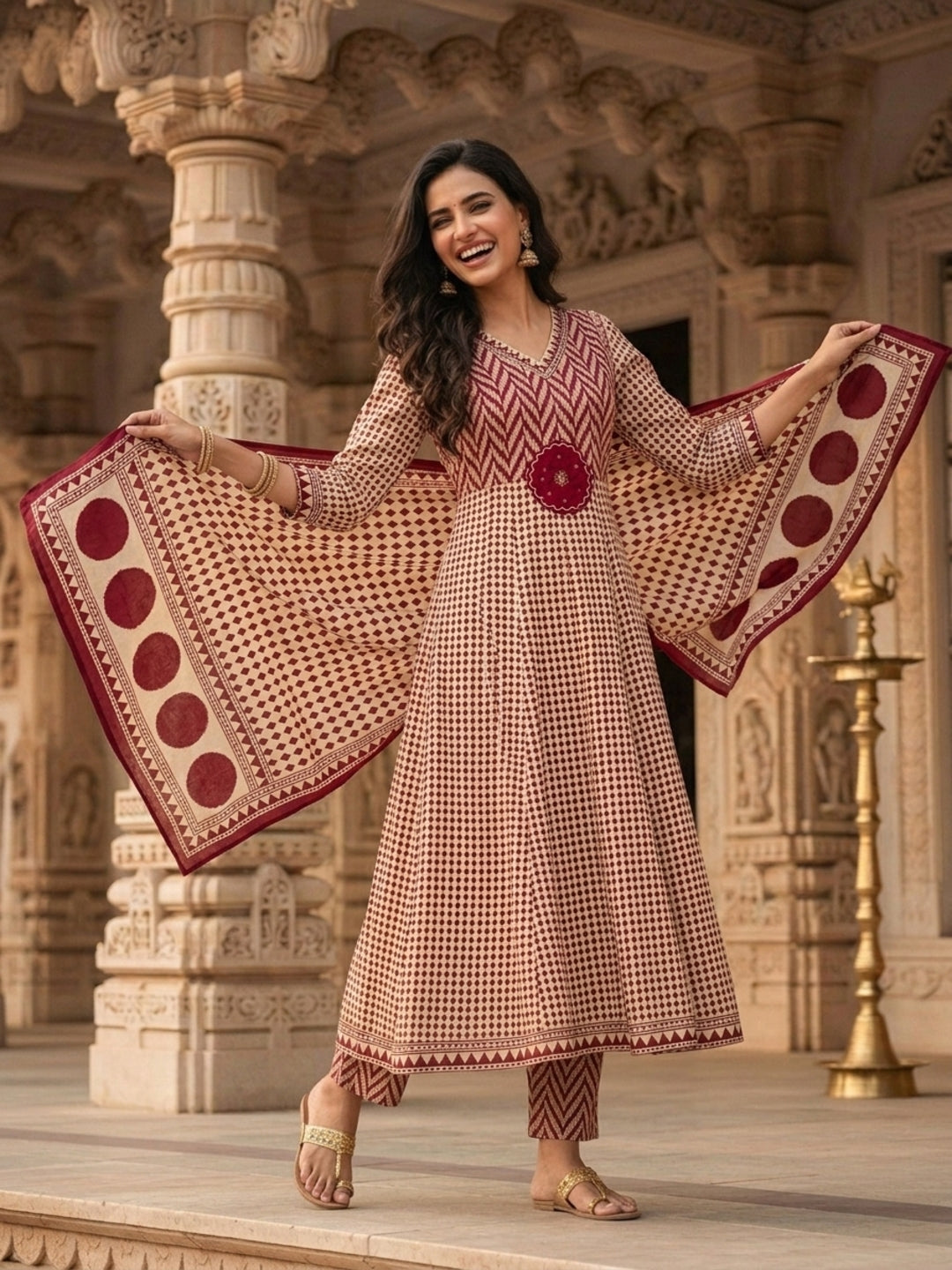 Ethnic Checks Printed Embroidered Anarkali with Pant and Dupatta - Burgundy