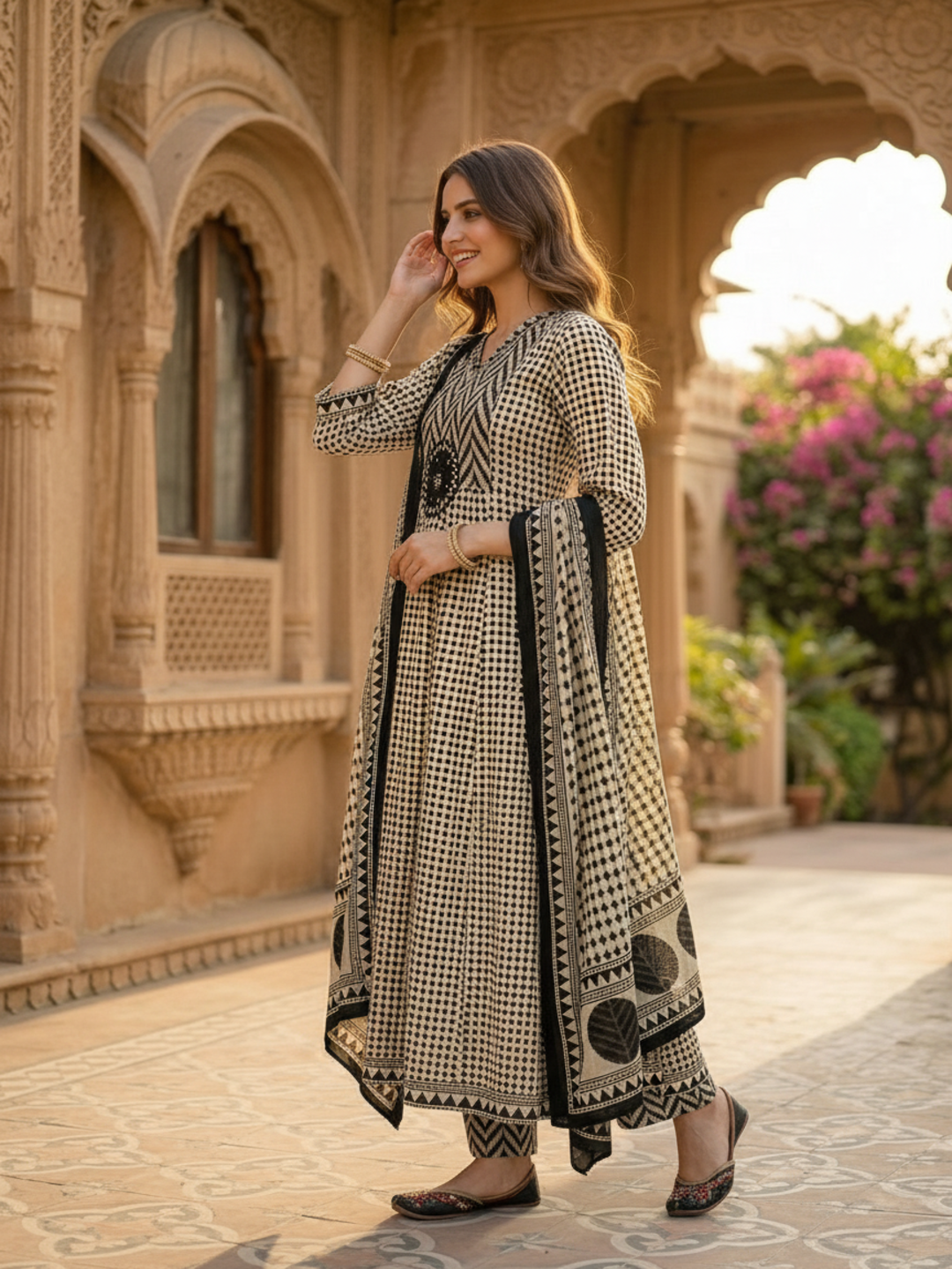Ethnic Checks Printed Embroidered Anarkali with Pant and Dupatta - Black