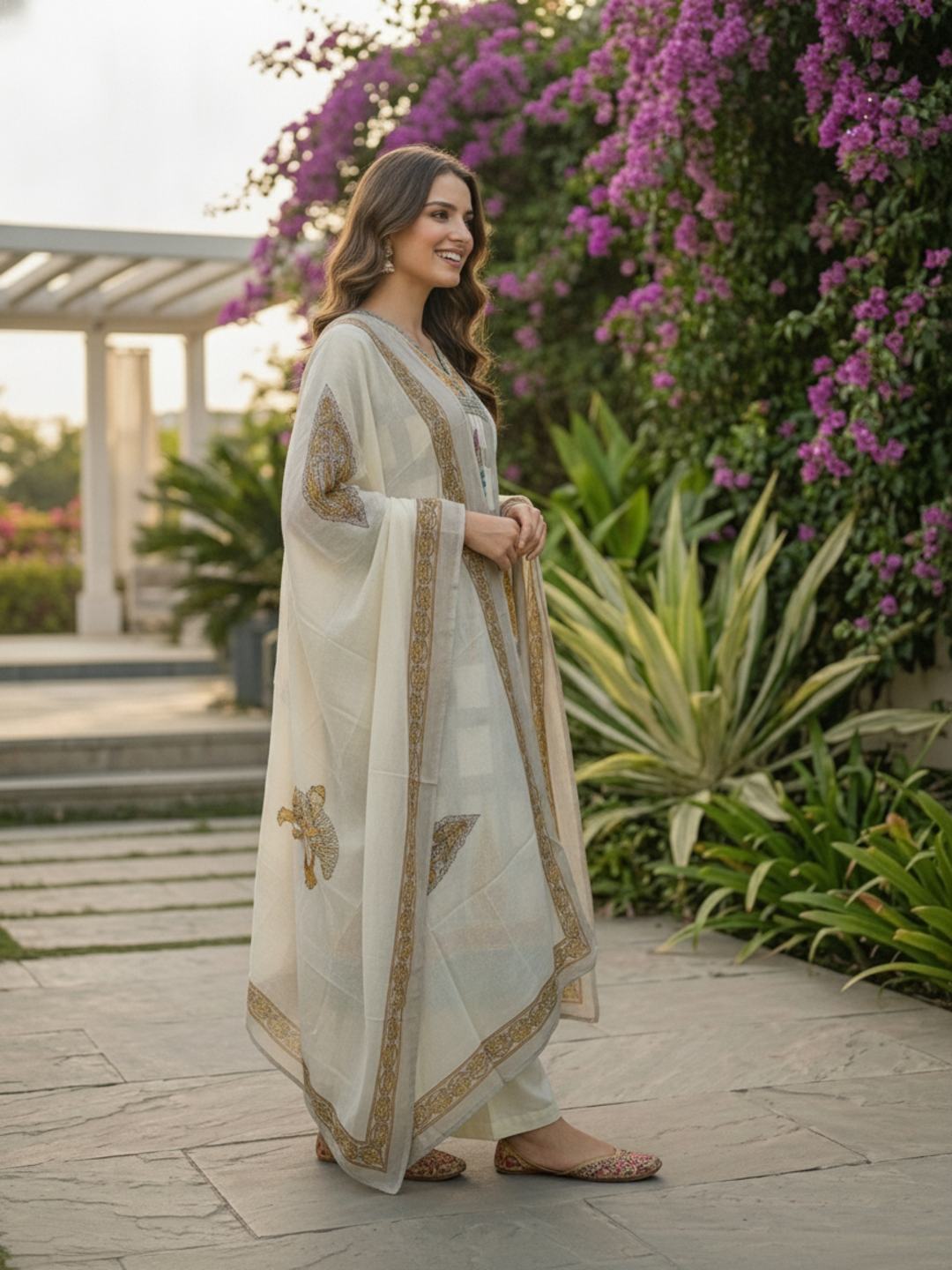 Checks & Block Printed A-Line Kurta with Palazzo & Dupatta - Grey
