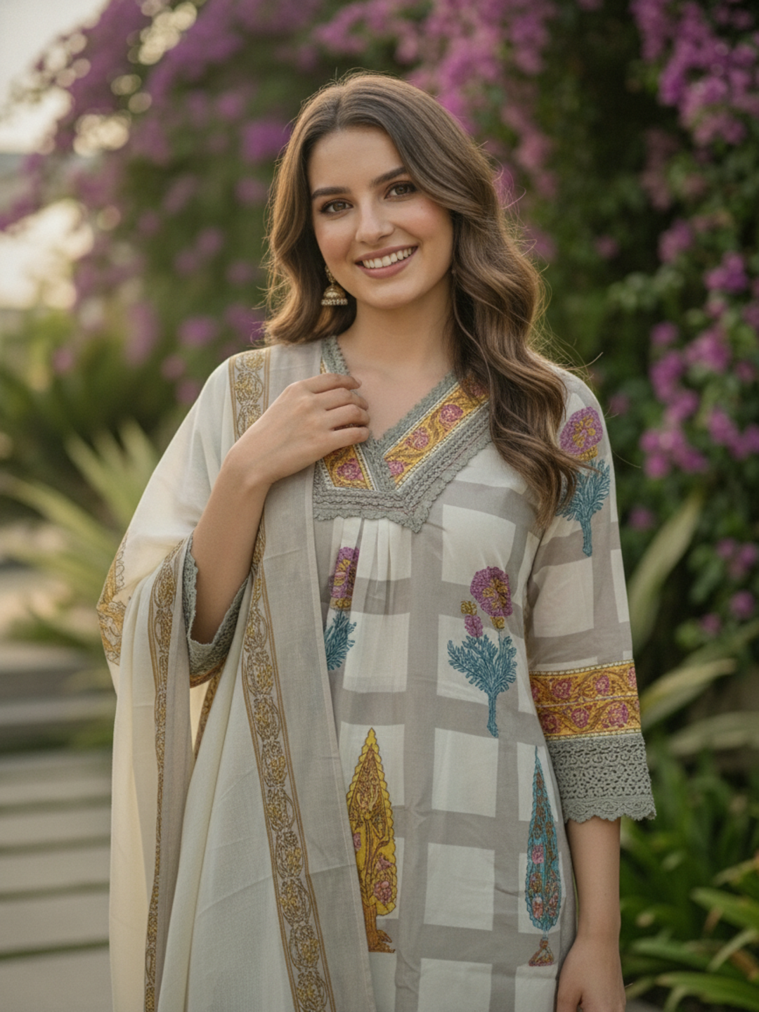 Checks & Block Printed A-Line Kurta with Palazzo & Dupatta - Grey