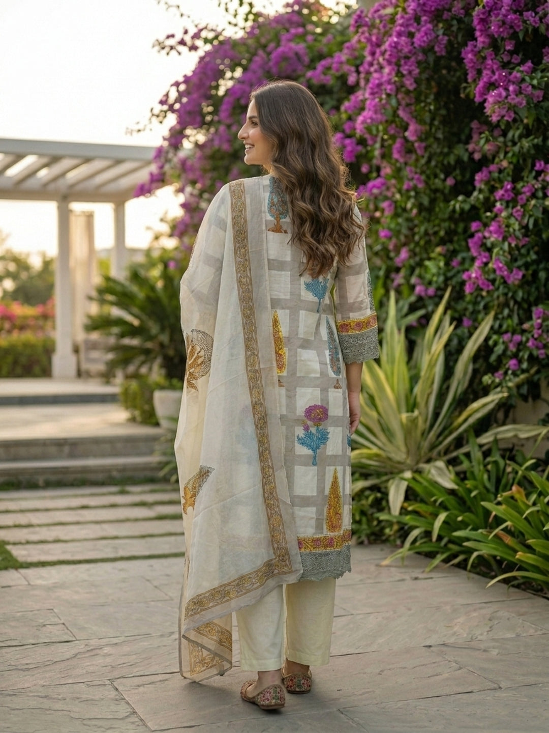 Checks & Block Printed A-Line Kurta with Palazzo & Dupatta - Grey