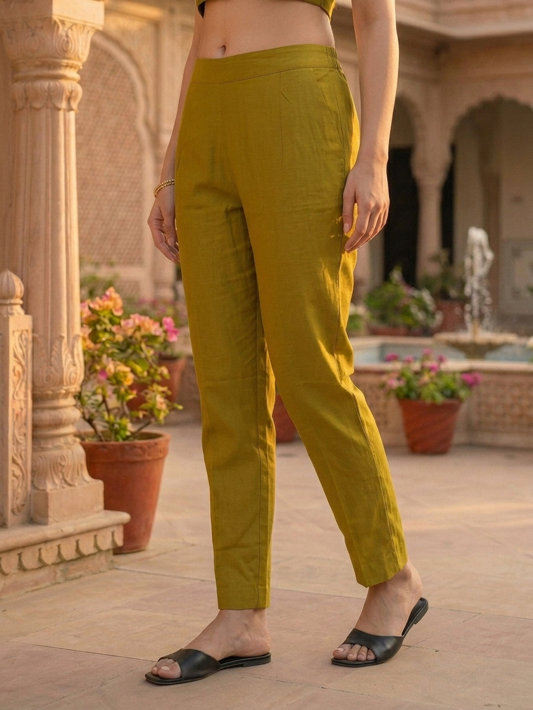 Lime Green Solid Floral Embroidered Layered A-Line Kurta with Pant