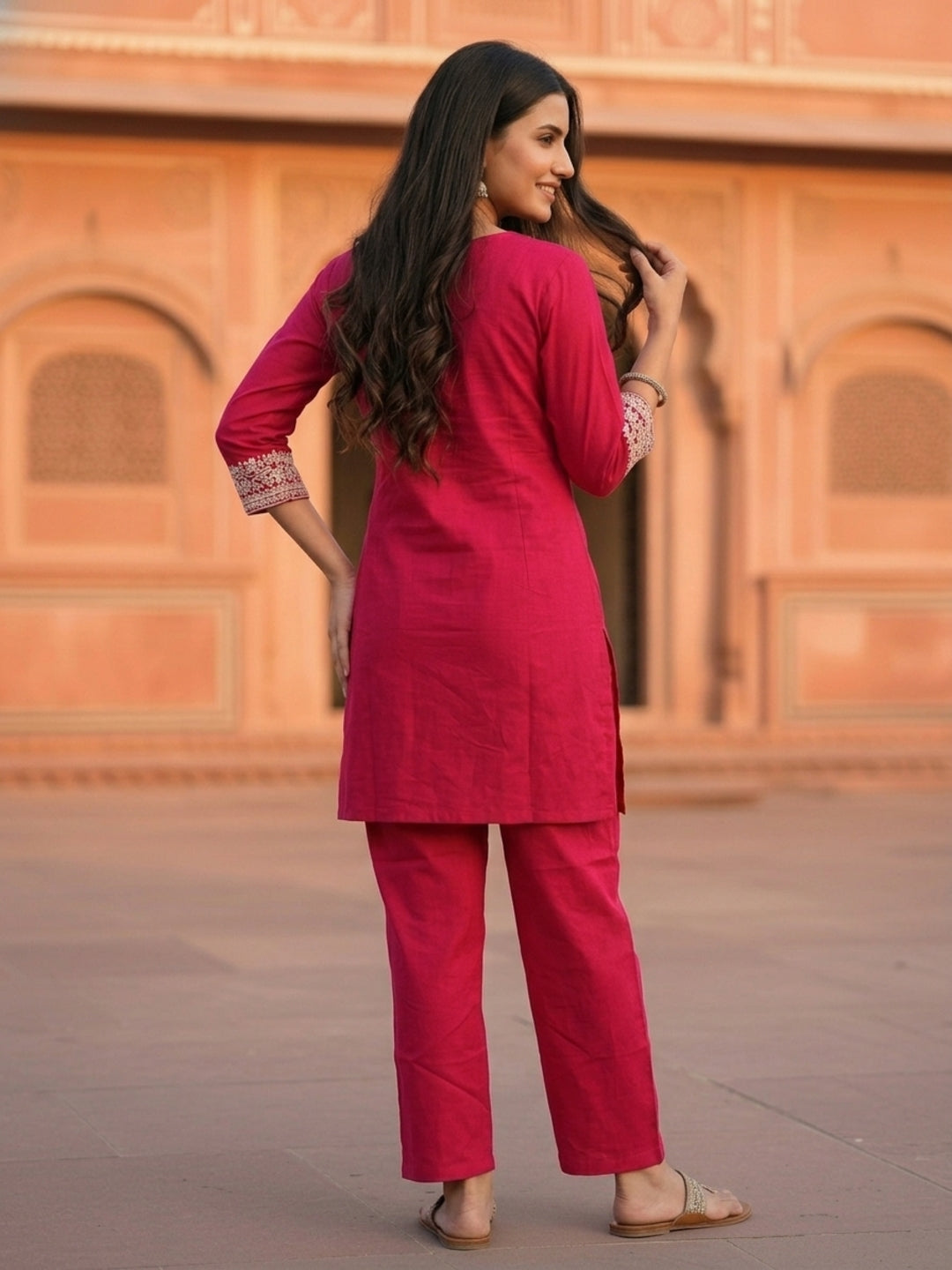 Floral Dori Embroidered Straight Fit Co-ord Set - Fuchsia