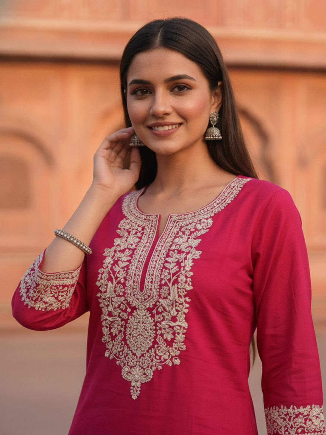 Floral Dori Embroidered Straight Fit Co-ord Set - Fuchsia