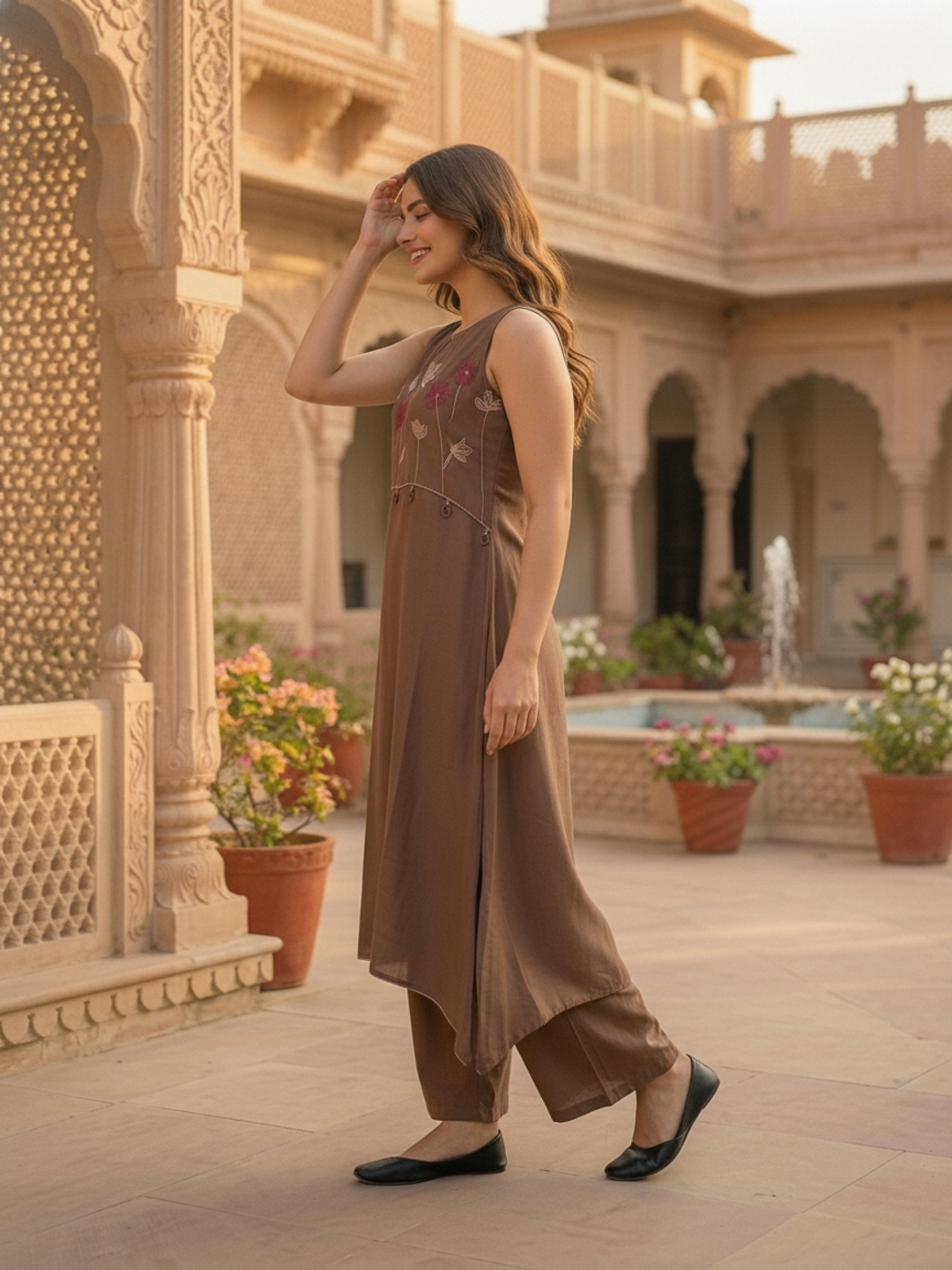 Brown Solid Floral Embroidered Layered A-Line Kurta with Pant