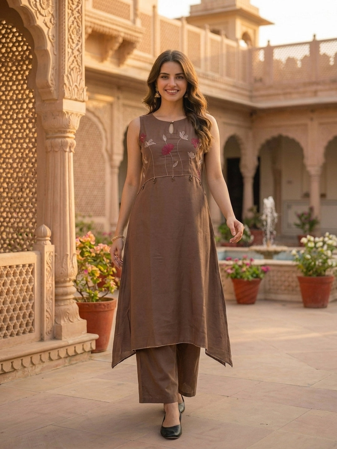 Brown Solid Floral Embroidered Layered A-Line Kurta with Pant