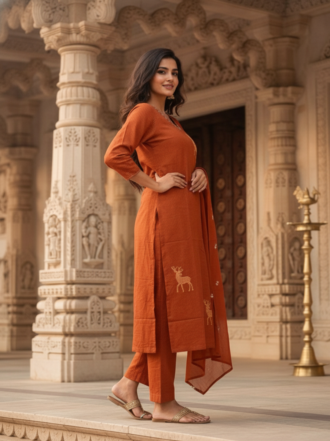 Deer & Stripes Printed A-Line Kurta with Palazzo and Dupatta - Rust