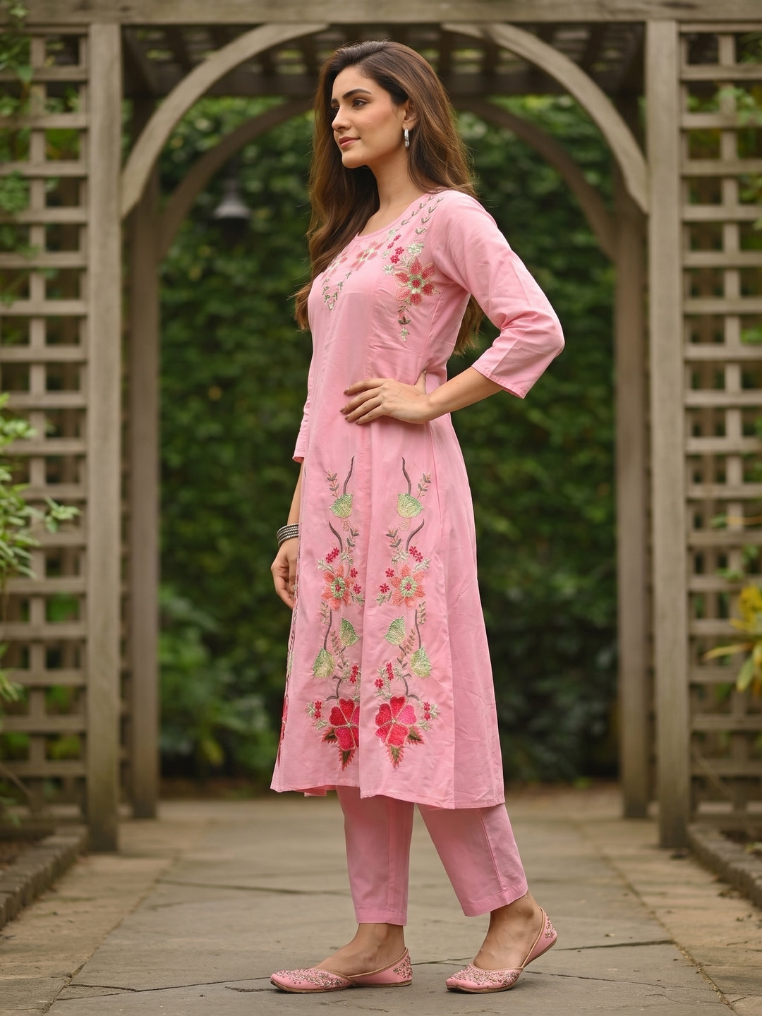 Solid Floral Embroidered Anarkali Kurta with Pant & Dupatta - Pink