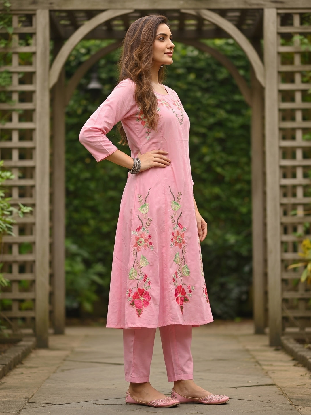 Solid Floral Embroidered Anarkali Kurta with Pant & Dupatta - Pink