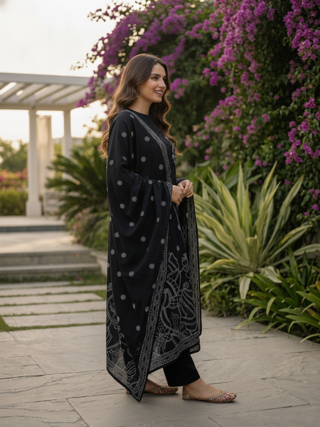 Thread Embroidered Straight Kurta with Pant and Dupatta - Black