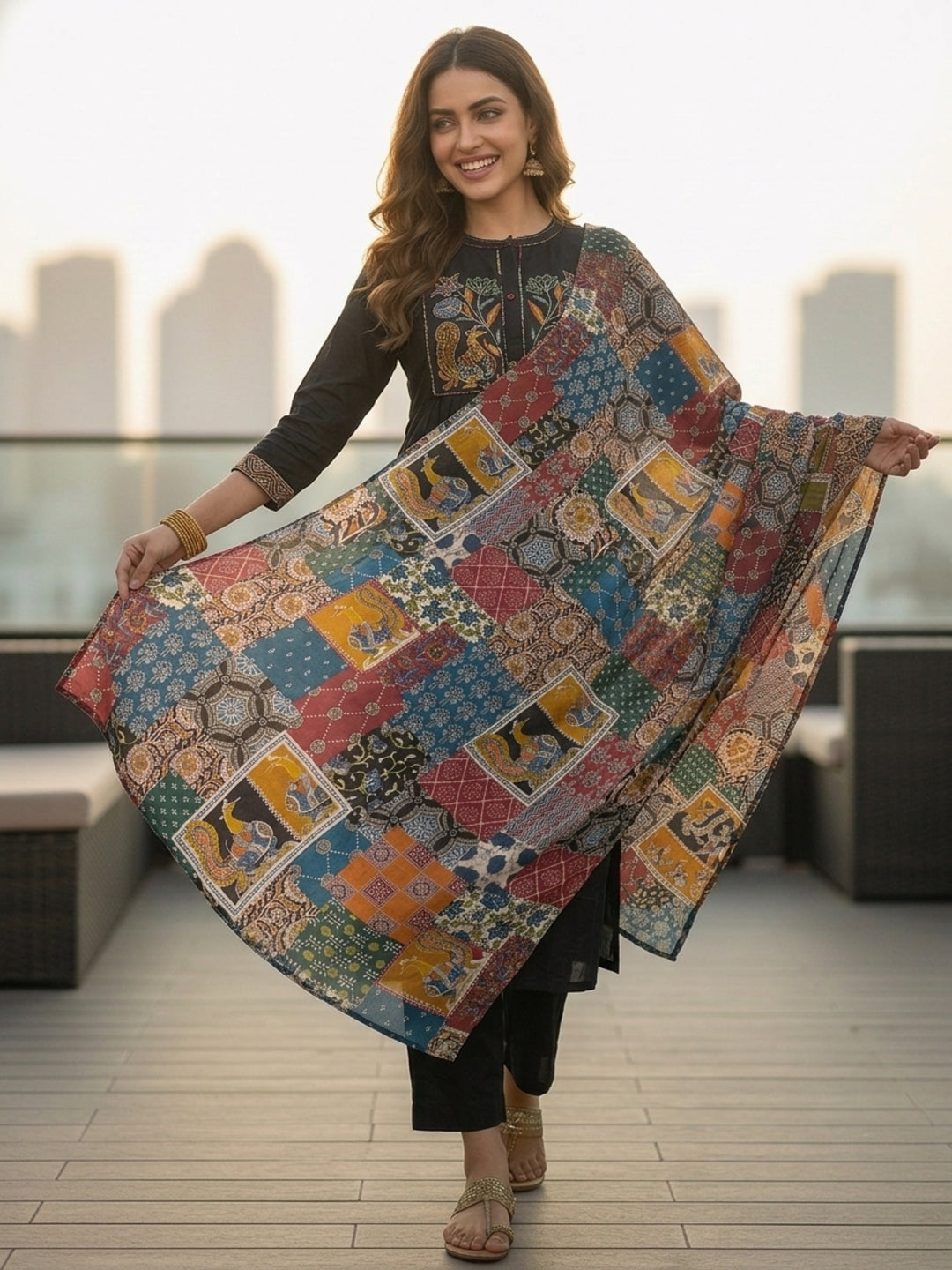 Floral & Bird Embroidered Straight Kurta with Pant and Dupatta - Black
