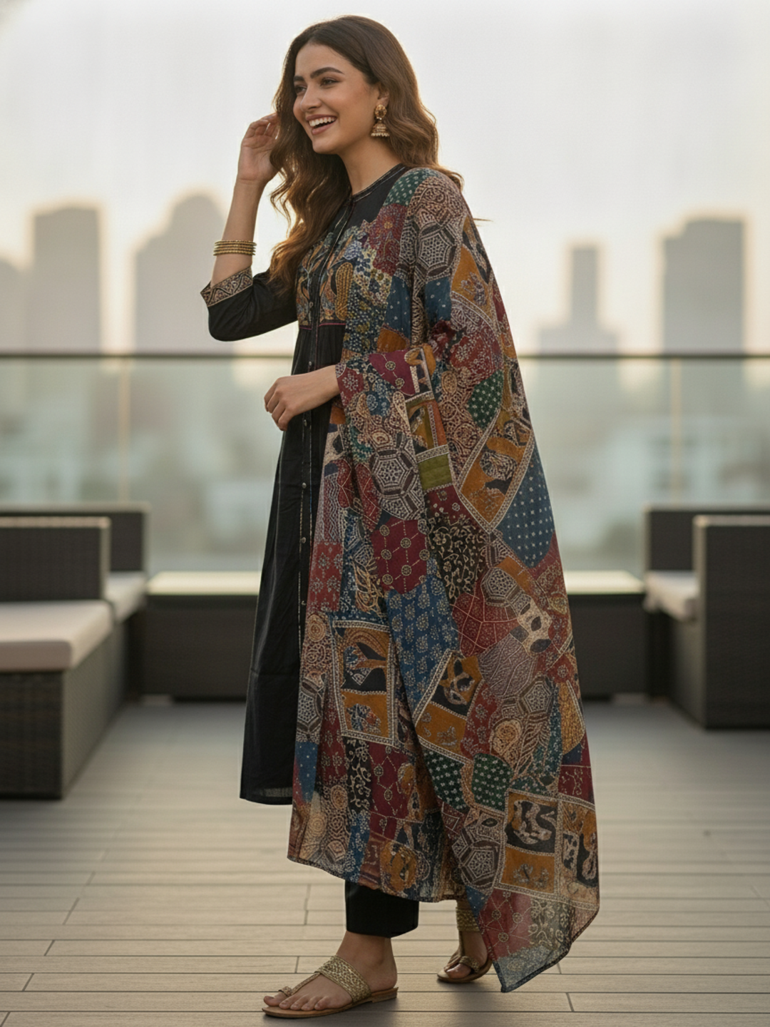 Floral & Bird Embroidered Straight Kurta with Pant and Dupatta - Black