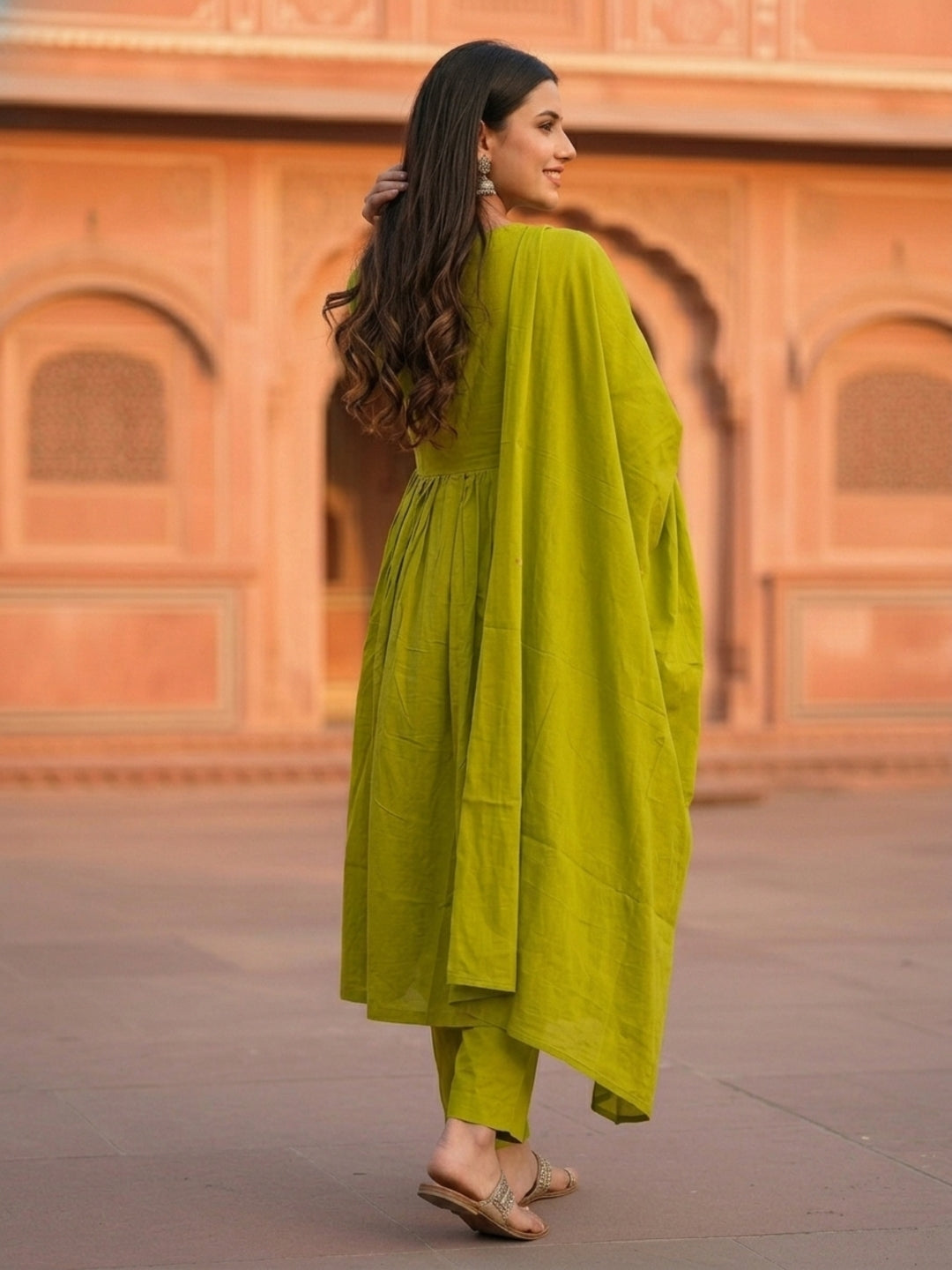 Lime Green Floral Embroidered A-Line Pleated Kurta with Pant & Dupatta