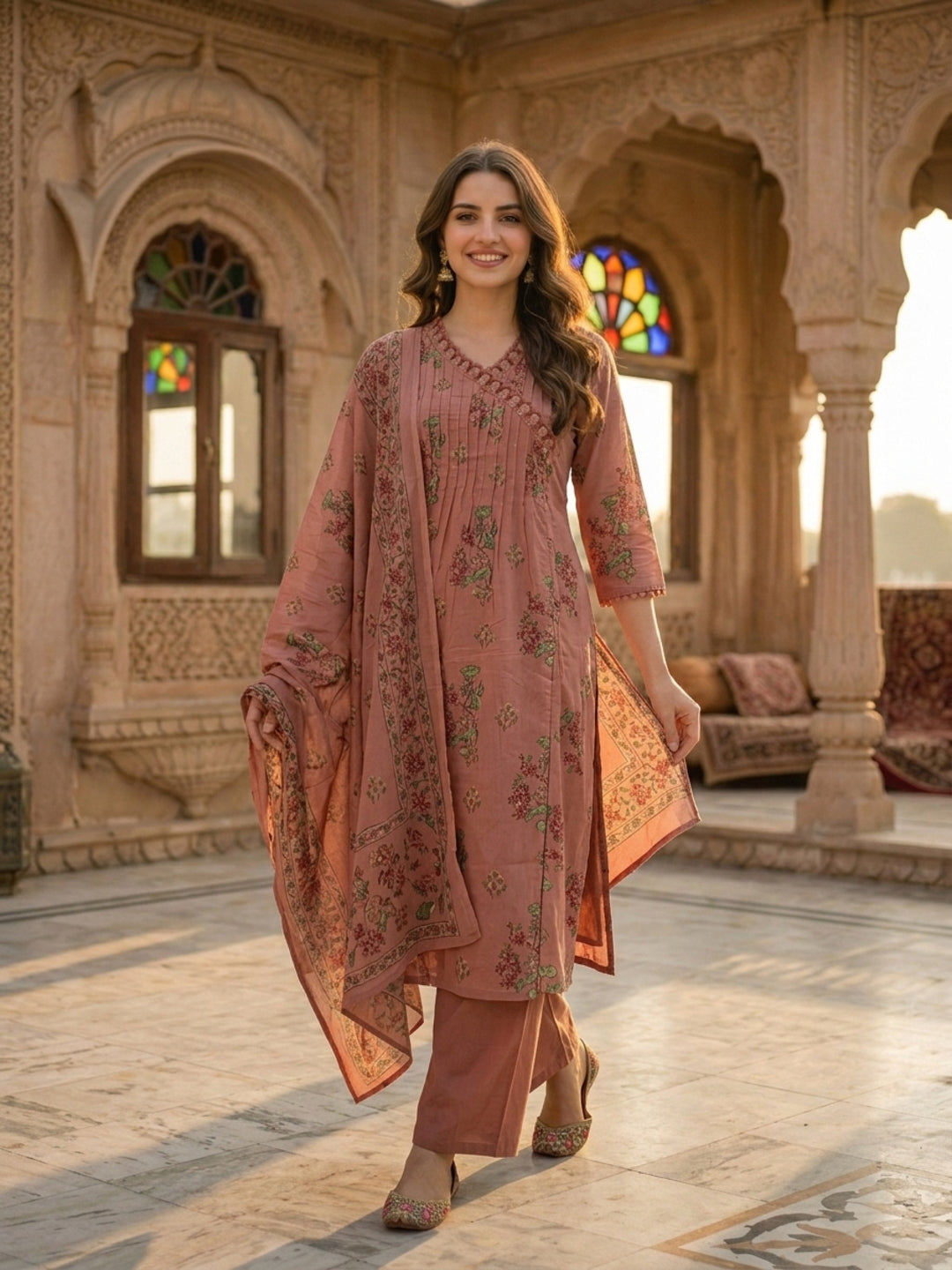 Floral Printed Embroidered Pleated A-Line Kurta with Palazzo and Dupatta - Rose Gold