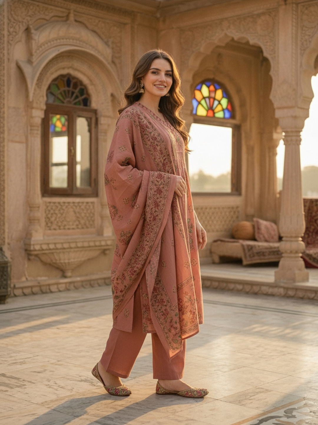 Floral Printed Embroidered Pleated A-Line Kurta with Palazzo and Dupatta - Rose Gold