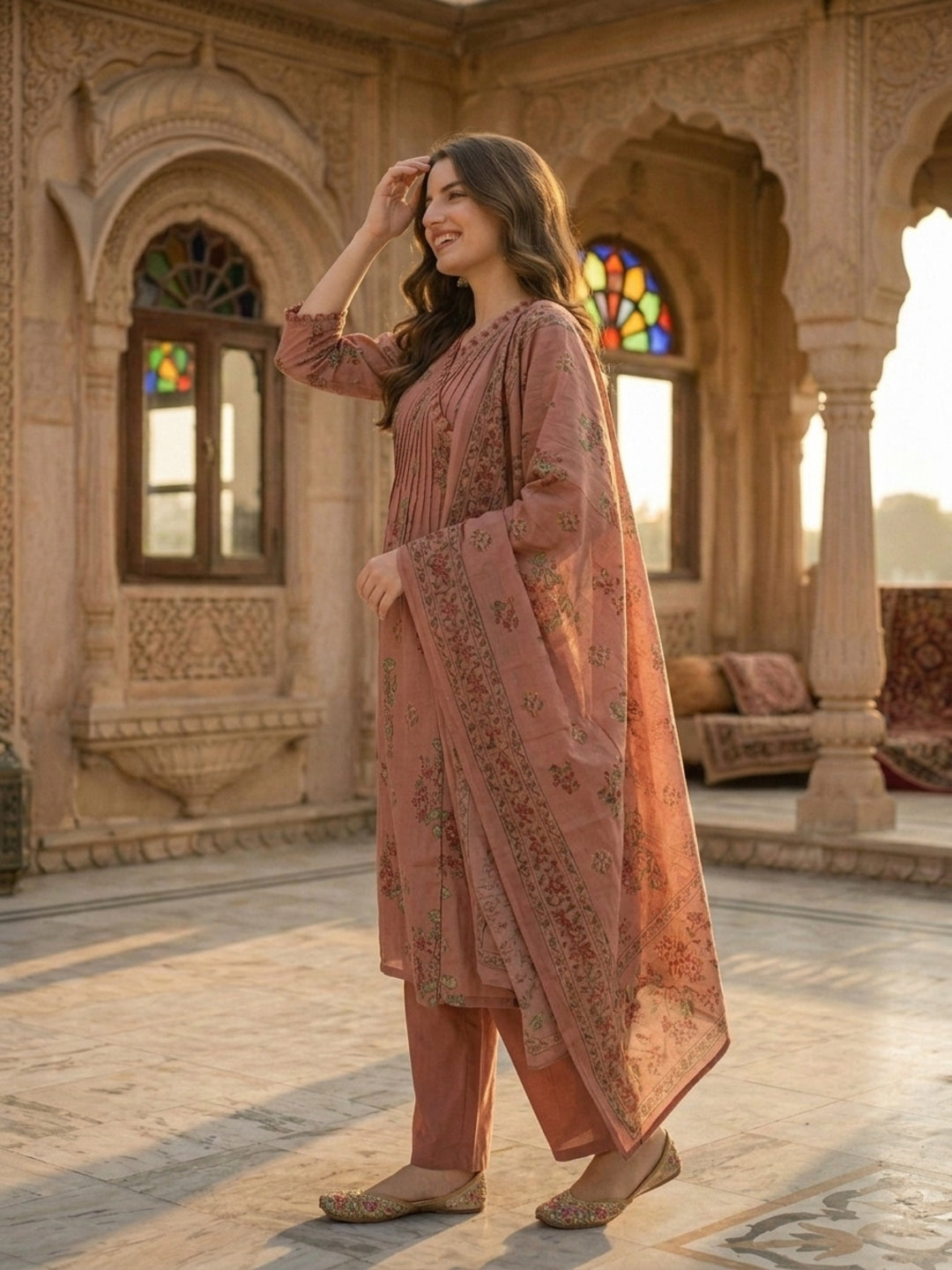Floral Printed Embroidered Pleated A-Line Kurta with Palazzo and Dupatta - Rose Gold