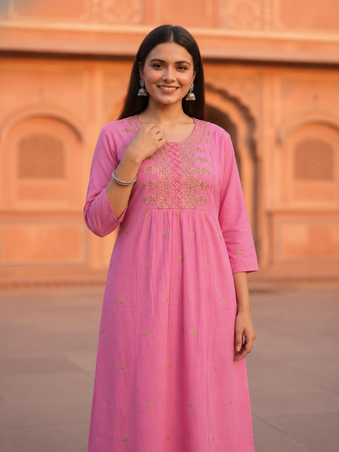 Pink Floral Embroidered A-Line Pleated Kurta with Pant & Dupatta