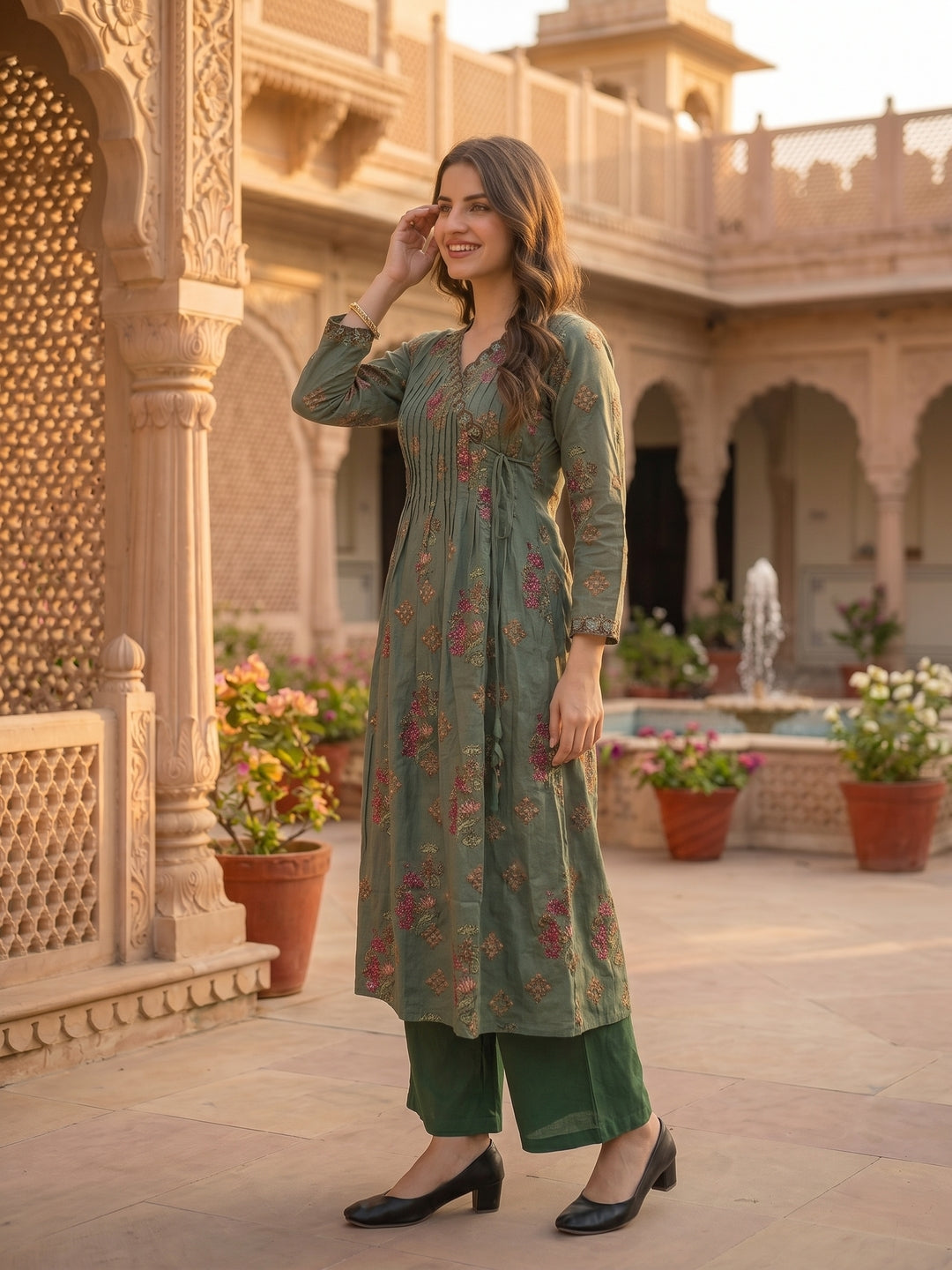Floral Printed Embroidered Pleated A-Line Kurta with Palazzo and Dupatta - Green
