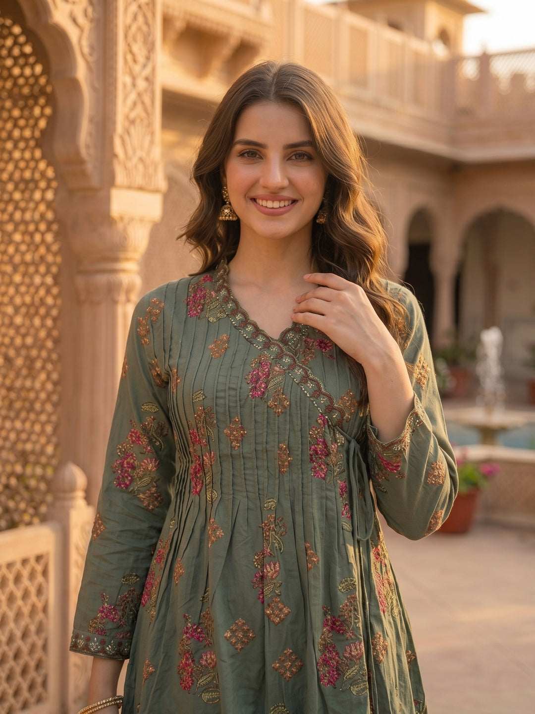 Floral Printed Embroidered Pleated A-Line Kurta with Palazzo and Dupatta - Green