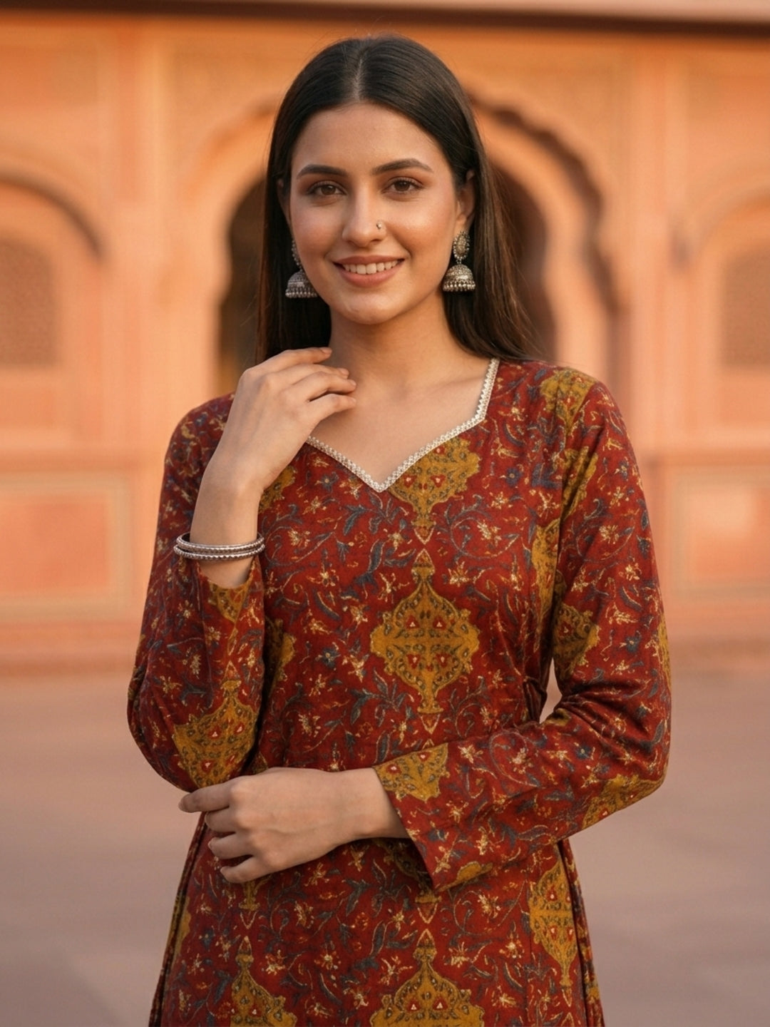 Floral Printed A-Line Fitted Kurta with Salwar - Rust